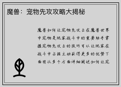 魔兽：宠物先攻攻略大揭秘