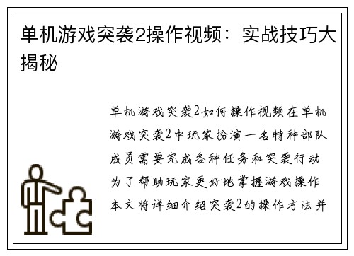 单机游戏突袭2操作视频：实战技巧大揭秘
